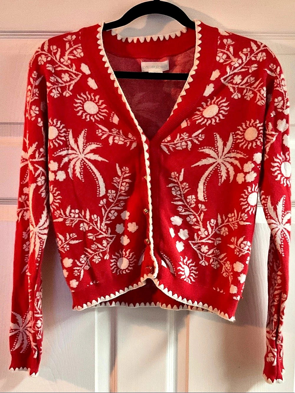 Cynthia Rowley Palm Intarsia Cardigan Red & White Floral XS